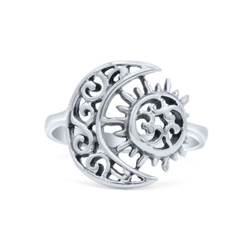 Filigree Crescent Moon And Sun With Oxidized Modern Design Band Thumb Ring